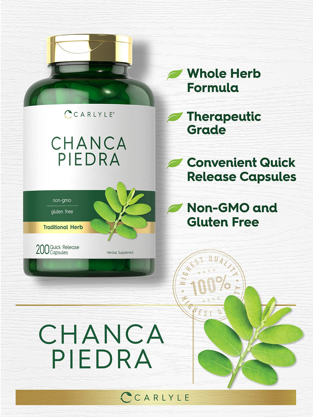 Carlyle Chanca Piedra Capsules | 500mg | 200 Count | Traditional Herb | Non-GMO and Gluten Free Supplement