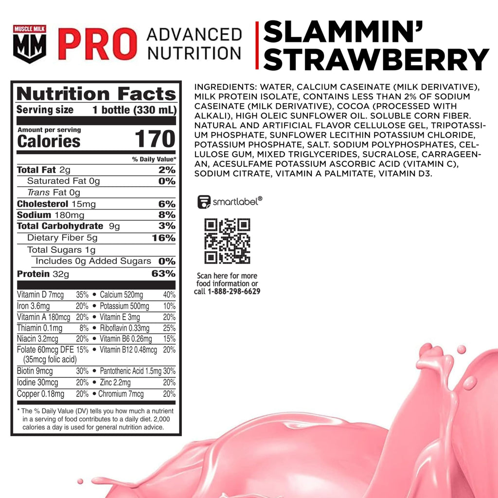 Muscle Milk Pro Advanced Nutrition Protein Shake, Slammin' Strawberry, 11.16 Fl Oz, 32g Protein, 1g Sugar, 16 Vitamins & Minerals, 5g Fiber, Bottled Liquid, Gluten Free, (Pack of 24)