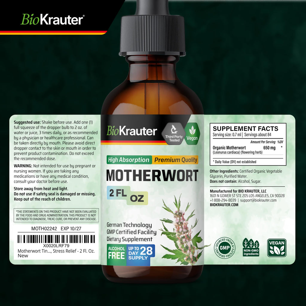 BIO KRAUTER® Perimenopause & Menopause Supplements for Women* - Vegan Motherwort Tincture 2 Fl.Oz 28-Day Supply for Natural Calm & Women's Wellness - Alcohol & Sugar Free - 650 mg per Serving