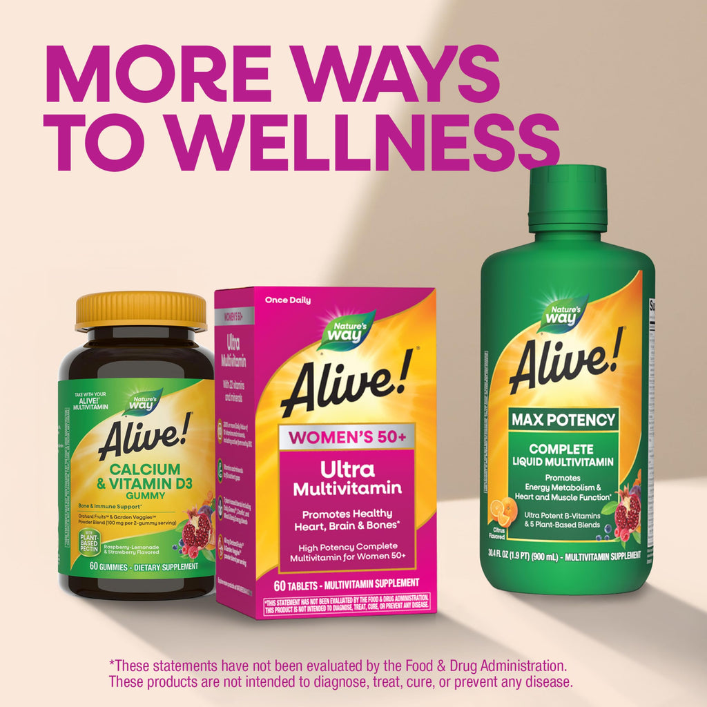 Nature's Way Alive! Ultra Potency Multivitamin for Women 50 Plus, Complete High Potency Formula with Vitamin D3, C, E, Methylated B12, Supports, Heart, Brain, and Bone Health*, 60 Tablets (Set of 3)