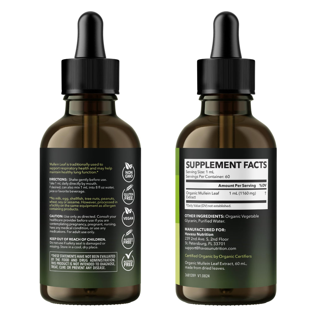 Mullein Drops for Lungs - USDA Organic Mullein Leaf Extract - Respiratory Health and Lung Support Supplement - 2 Fl Oz - Vegan, Non-GMO, and Alcohol Free Formula - Herbal Tincture - 2 Month Supply