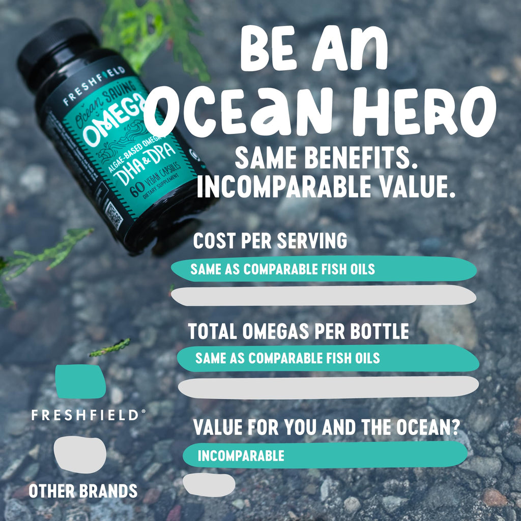 Freshfield Omega 3, DHA Supplements, Potent 1 per Day Formula, Algae (Algal) Oil, Vegan Omega, Ocean Saving Fish Oil Alt, Sustainable, Concentrated DHA per Capsule, w/DPA