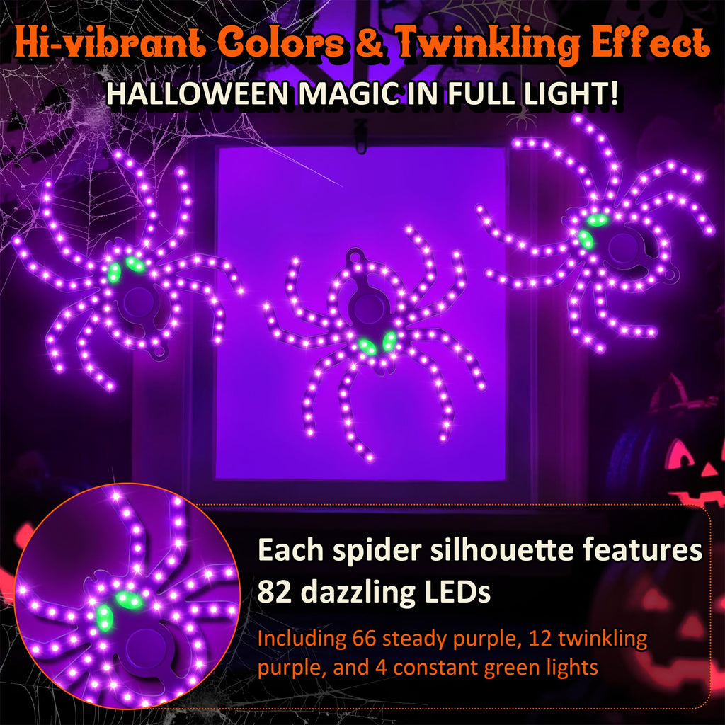 HappyAlley 3 Pack 9" Halloween Classics Twinkling LED Spiders, Hi-Vibrant Aluminum Frame Spiders Window Silhouette Lights, 234 Purple and 12 Green LED Lights, Holiday Indoor Outdoor Decoration