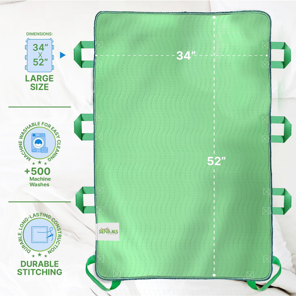Absorbent Positioning Bed Pads for Elderly with 8 Handles 34"x52"- Washable Waterproof Incontinence Draw Sheets - Reusable Bed Mobility Under Pads for Seniors Disabled & Bedridden Patients-Fast-Drying