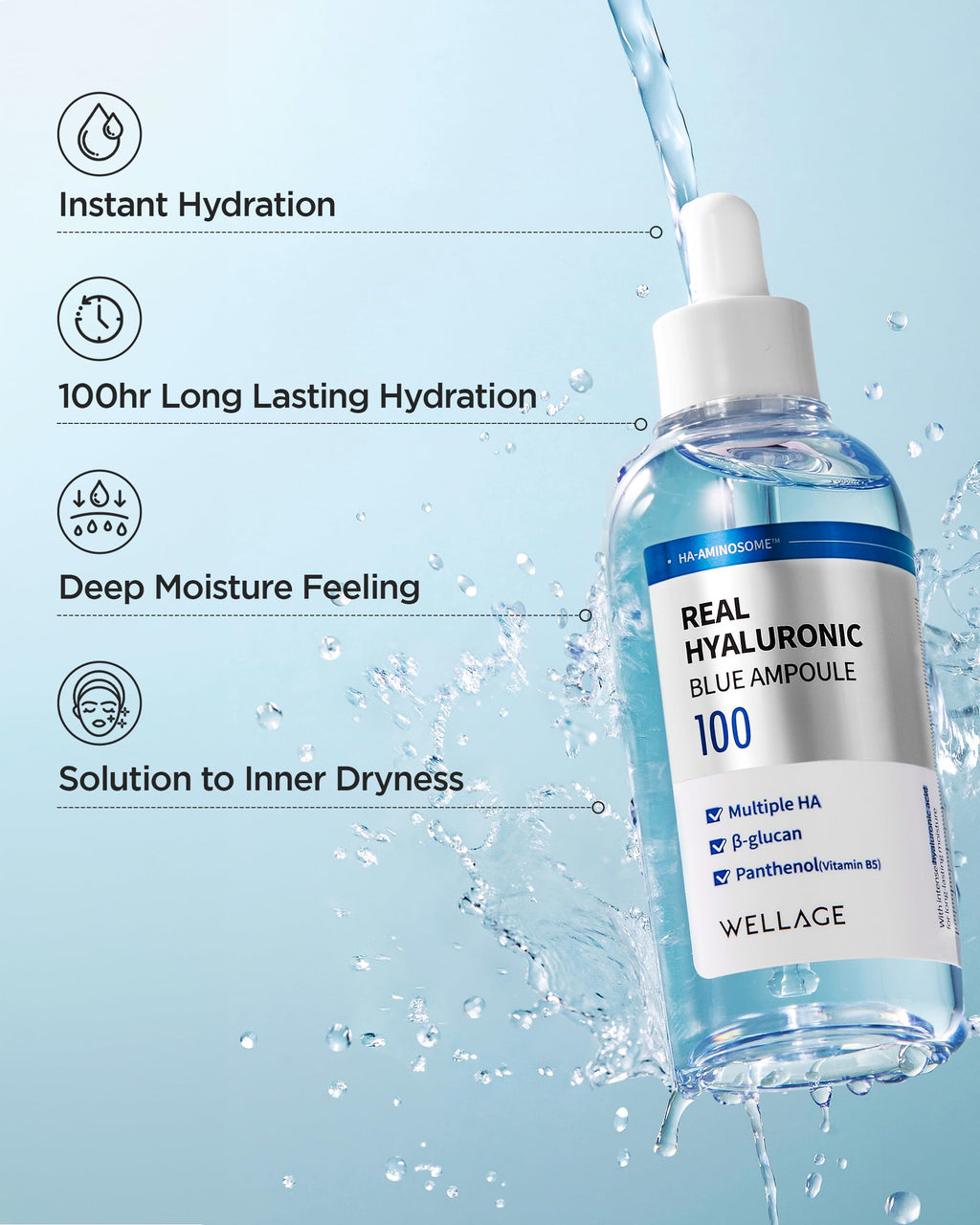 WELLAGE Real Hyaluronic Blue Ampoule 100, Korean Hydrating Serum for Face, Hyaluronic Acid Serum with Panthenol for Sensitive Skin, (3.38Fl.oz + 2.53Fl.oz)