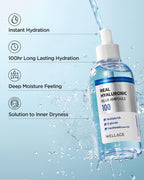 WELLAGE Real Hyaluronic Blue Ampoule 100, Korean Hydrating Serum for Face, Hyaluronic Acid Serum with Panthenol for Sensitive Skin, (3.38Fl.oz + 2.53Fl.oz)