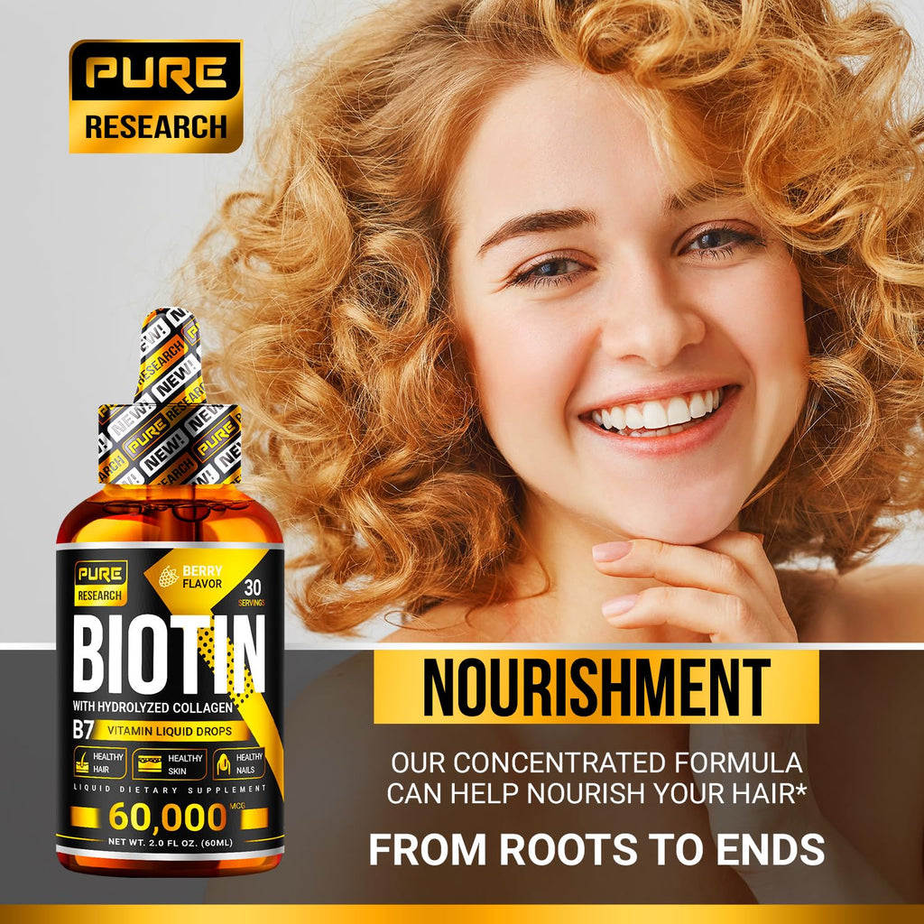 Liquid Biotin & Collagen Hair Growth Drops 60,000mcg - Biotin and Liquid Collagen Supplement for Men & Women - Glowing Skin Support, Healthy Hair & Nail Growth - 2oz