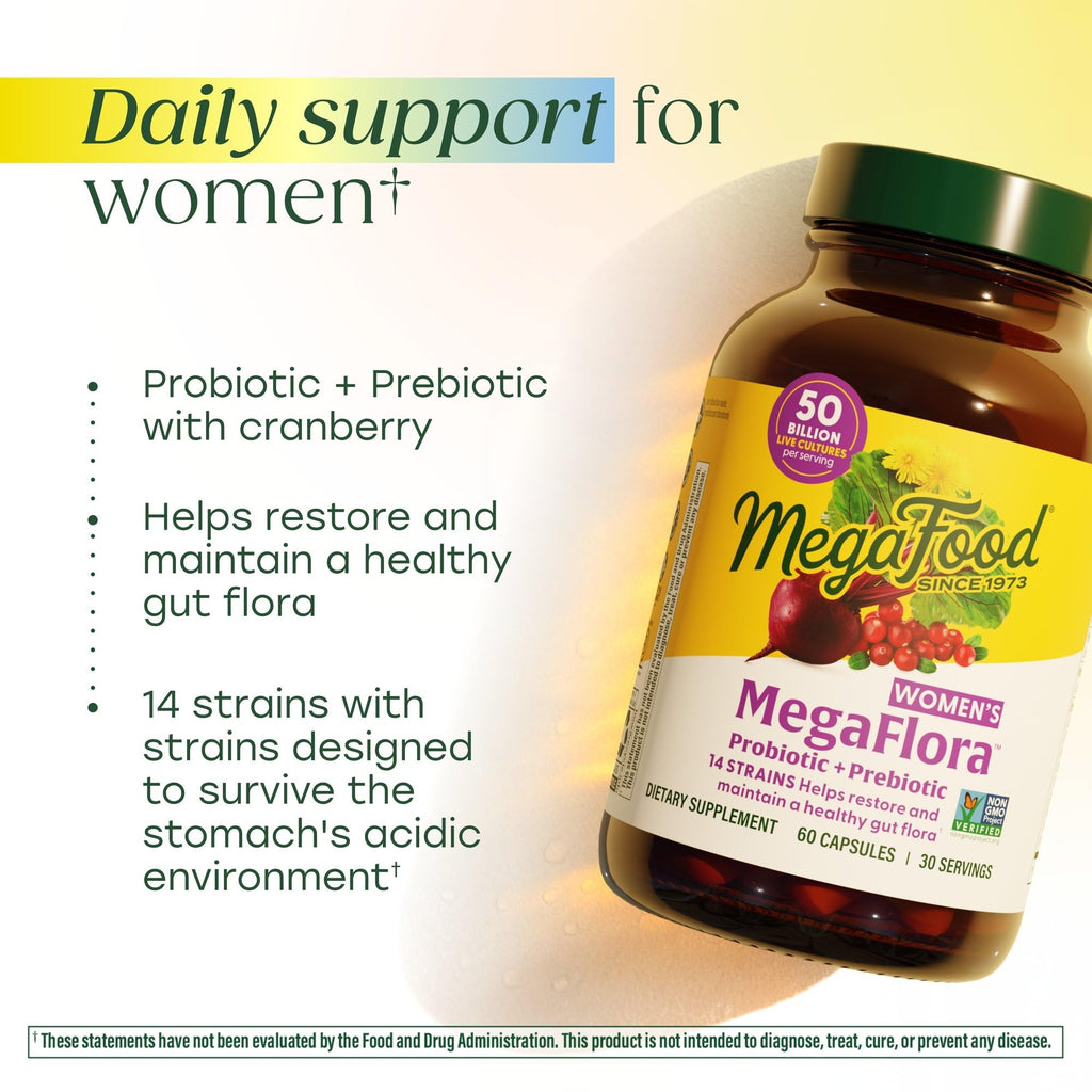 MegaFood MegaFlora Probiotics and Prebiotics for Women with 14 Strains & 50 Billion CFUs, Cranberry, Digestive Health, Vegetarian, Prebiotics and Probiotics for Women - 60 Capsules (30 Servings)