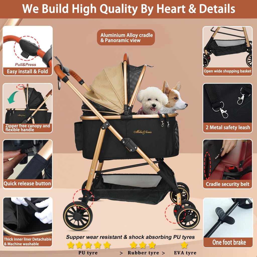 MILA&LOUIS Dog Stroller, 24" Pet Cradle, Lightweight & Stylish Pet Stroller for Small and Medium Pets, 33 Lbs Capacity with Cup Holder, Hook, Detachable Aluminum Cradle (Khaki)