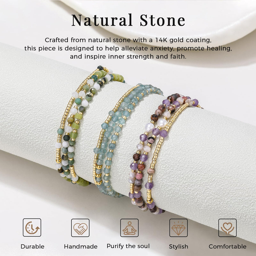 POMODA Beaded Bracelets for Women Small Blue Glass Beaded Stretchy Seed Bracelets Stackable Natural Gemstone Crystal 14K Gold Plated Beads Summer Boho Jewelry Gift