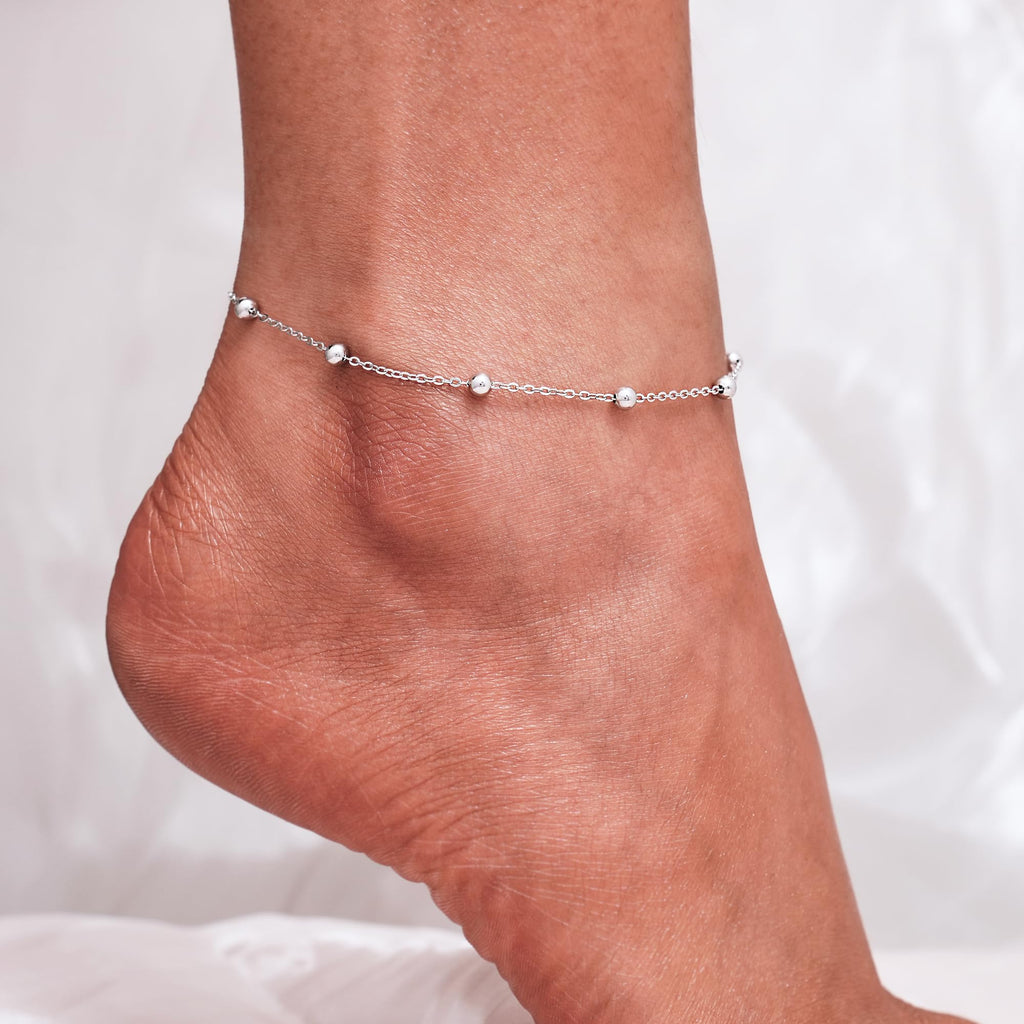 CHIC & ARTSY Ankle Bracelets 925 Sterling Silver Beaded Chain Anklets for Women Simple Foot Jewelry Adjustable Anklets for Women