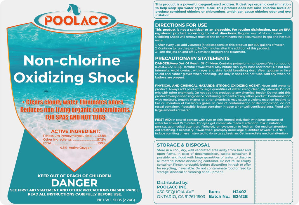 POOLACC Non-Chlorine Spa Shock for Hot Tub - 5 lbs, Chlorine-Free Shock Oxidizer Treatment for Hot Tubs, Spas and Swimming Pools, Fast Acting, Quick Dissolving Oxidizing Shock for Crystal Clear Water