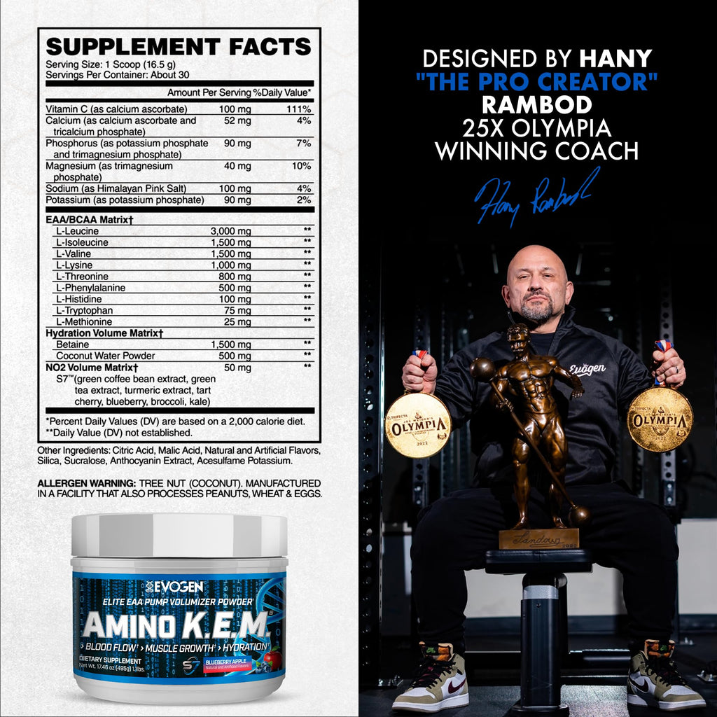 Evogen Amino K.E.M. - EAA & BCAA Powder Pump Volumizer | BCAAs Amino Acids Supplement for Blood Flow, Muscle Growth, & Hydration | Blueberry Apple | 30 Servings