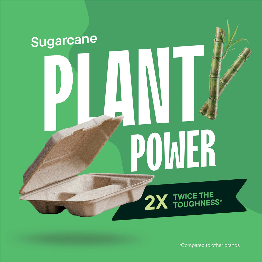 100% Compostable Clamshell Take Out Food Containers [8X8" 3-Compartment 50-Pack] Heavy-Duty Quality to go Containers, Natural Disposable Bagasse, Eco-Friendly Biodegradable Made of Sugar Cane Fibers