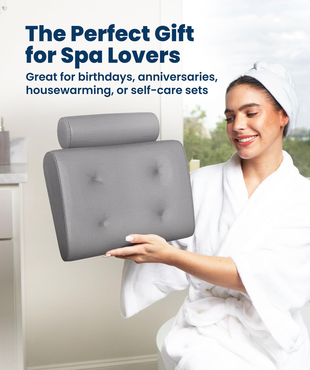 Everlasting Comfort Luxury Bath Pillows for Tub with Head and Neck Support - Non-Slip Bathtub Pillow with Suction Cups, Quick-Drying Mesh & Drying Hook - Jacuzzi & Spa Accessories for Women - Gray
