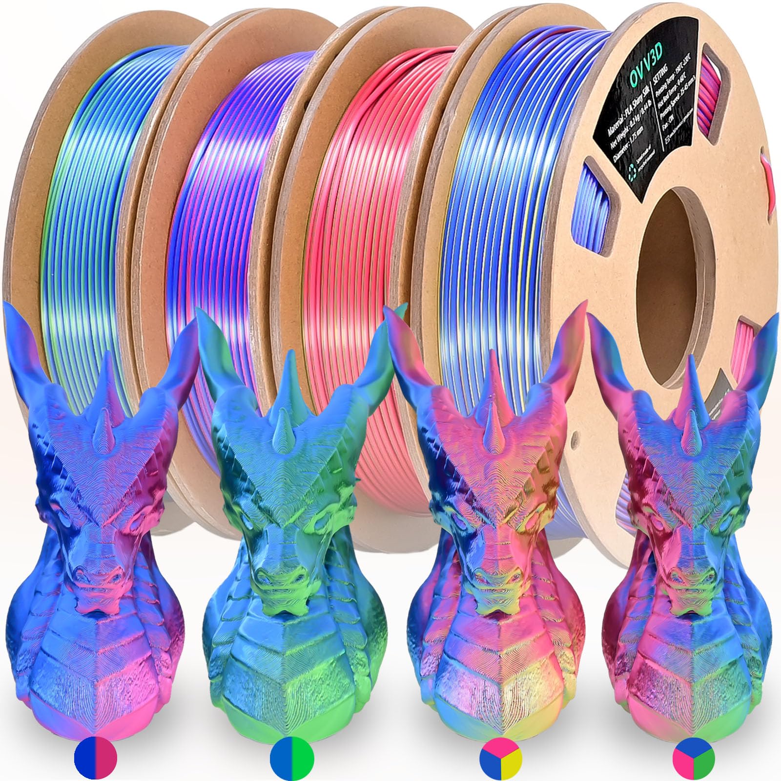 OVV3D 3D Printer Filament Bundle, PLA Filament 1.75mm+ /- 0.02mm, 4 Pack of Dual Color & Tri Color PLA Filament Coextrusion Silk PLA, Rainbow PLA Filament 3D Printing Filament, 4 Spool X 200g