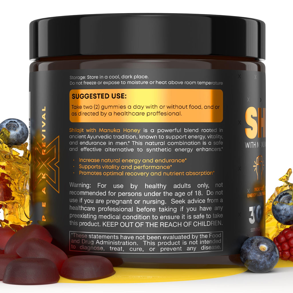 Peak Revival Shilajit Gummies with Manuka Honey - Promotes Optimal Recovery, Increases Energy & Endurance, Mixed Berry Flavor, 100mg per Serving, 60 Count (30 Servings)