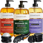Cosmetasa Luxury Spa Treatment Gift Set - Relaxation, Nourish and Sore Muscle Massage Oil with Hot Stones, Roller Ball and Thumb Saver Massage Tools