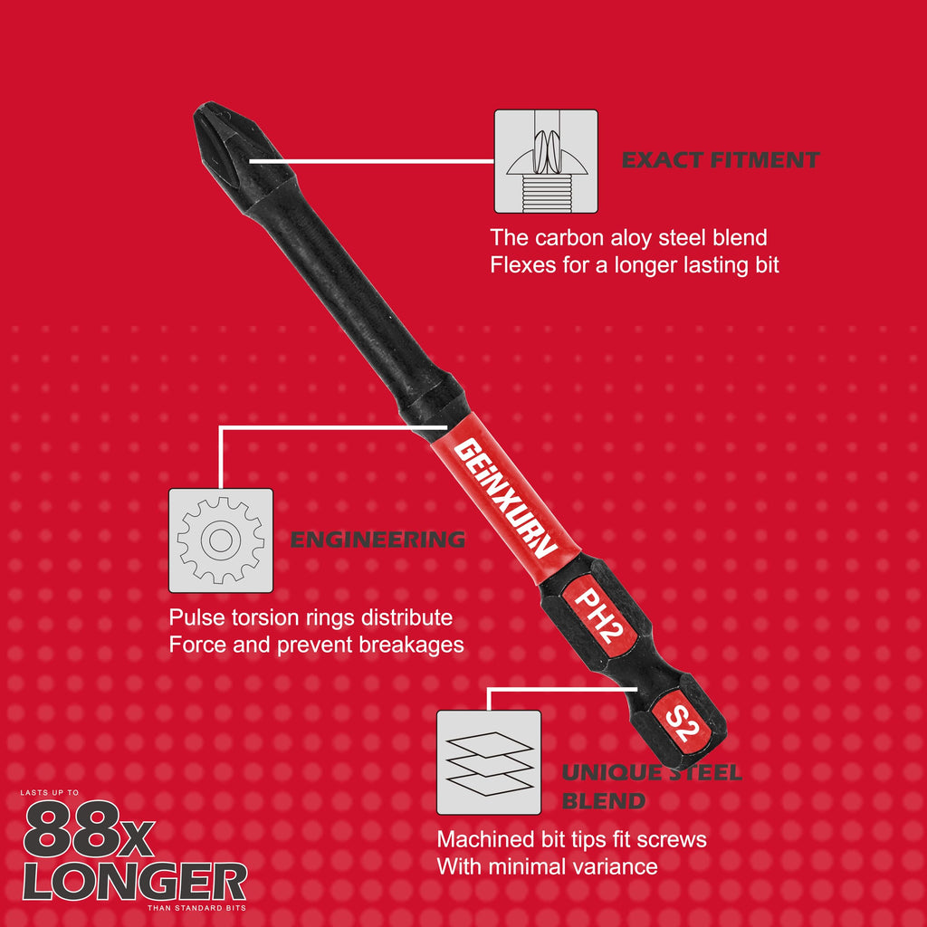 Geinxurn Impact Tough #2 Phillips 3 in. D2 Steel Long Extension Insert Driver Bits,30Pack 1/4 Inch Hex Shank Long Cross Magnetic PH2 Screwdriver Bits Set