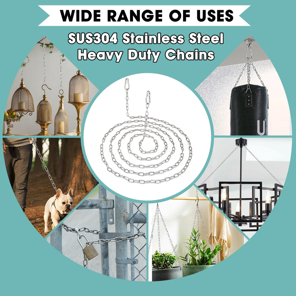10 Feet SUS304 Stainless Steel Chain with 2PCS Detachable Chain Link, Hanging Chain Link Light Duty Chain, Heavy Duty Hanging Chain for Home Outdoor Camping, Thickness 0.08 inches