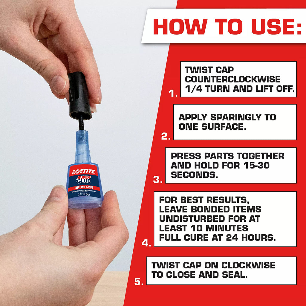 Loctite Super Glue Brush On Bottle, Clear, 0.18 fl oz Bottle, 6 Pack - Superglue for Plastic, Wood, Metal, Crafts & Repair, Cyanoacrylate Adhesive Instant Glue, Quick Dry