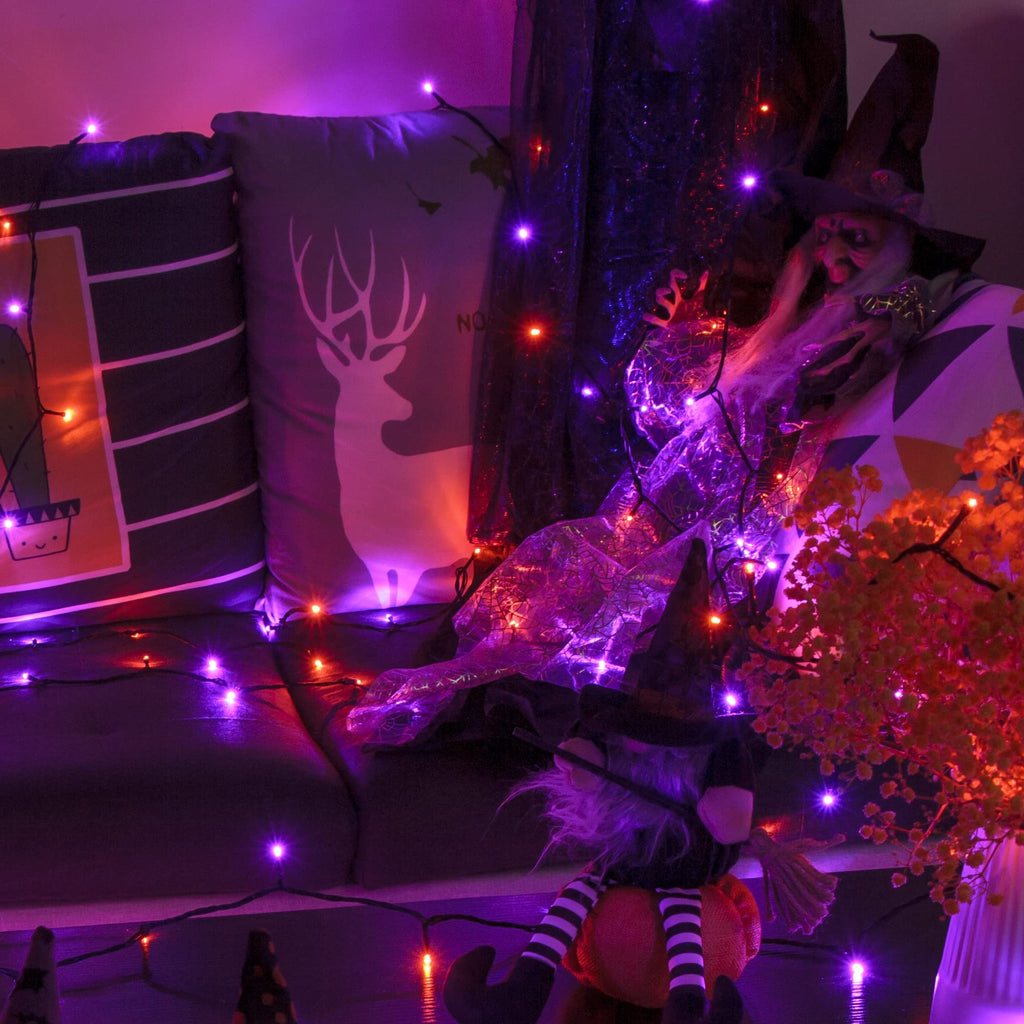 300 LED Halloween String Lights, 98.5FT with 8 Modes, Waterproof, Plug in for Indoor/Outdoor Party Decorations (Purple & Orange)