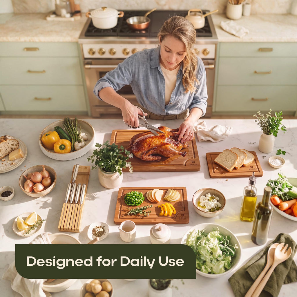ROYAL CRAFT WOOD Wooden Cutting Boards for Kitchen Appliances - Non Toxic Bamboo Wood Cutting Board Set with Deep Juice Groove, Side Handles, Charcuterie & Butcher Block for Meat, Meal Prep & Serving