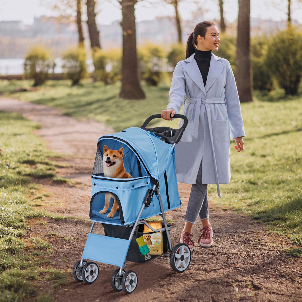 4 Wheels Pet Stroller, Foldable Dog Cat Stroller for Small Medium Dogs Cats, Travel Carrier with Storage Basket and Cup Holder, Waterproof and Lightweight (Blue)