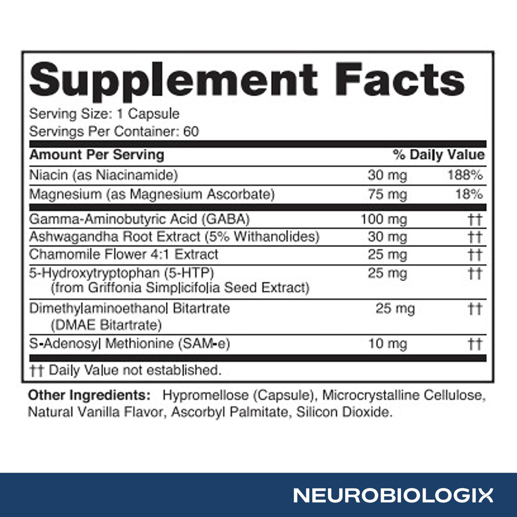 Neurobiologix Mood Plus for Men and Women, Mood & Stress Support Supplement with GABA, 5-HTP, Ashwagandha, Magnesium & Chamomile for Emotional Balance, Relaxation & Serotonin Support, 60 Capsules