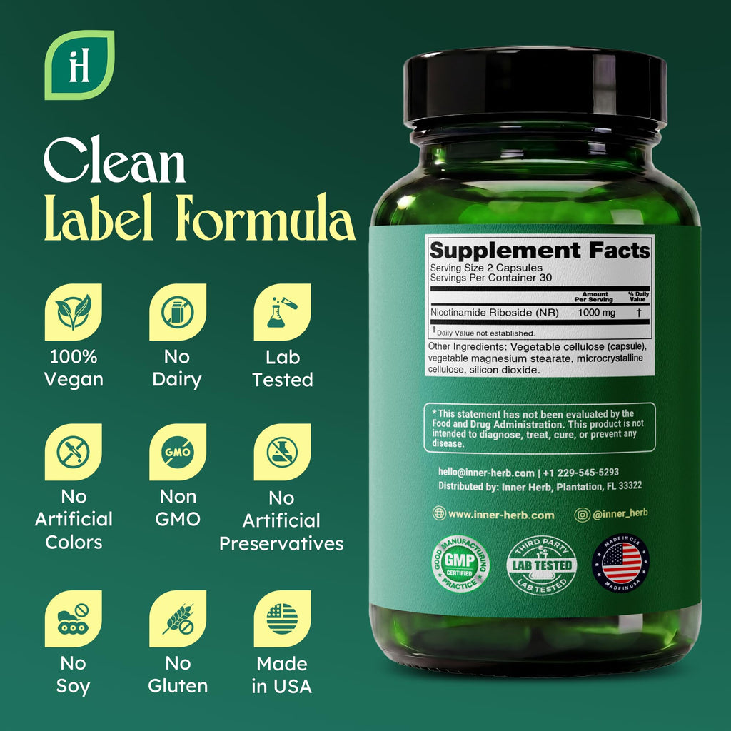 InnerHerb Nicotinamide Riboside (NR) 1000mg | Vitamin B3 Derivative | Single Ingredient | 60 Vegan Capsules | Unflavored | 2 Capsules Daily | 30-Day Supply