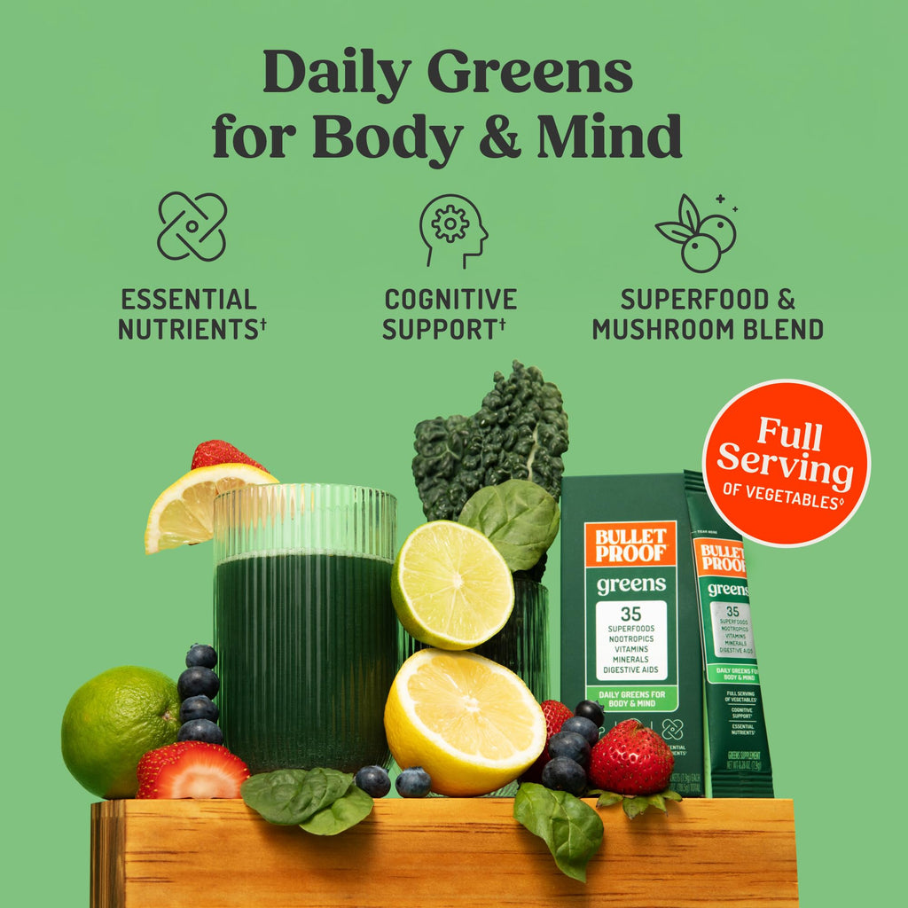 Bulletproof Greens Packets, 15 Count, Daily Greens Powder with Superfoods and Nootropics, Full Serving of Vegetables, Essential Nutrients
