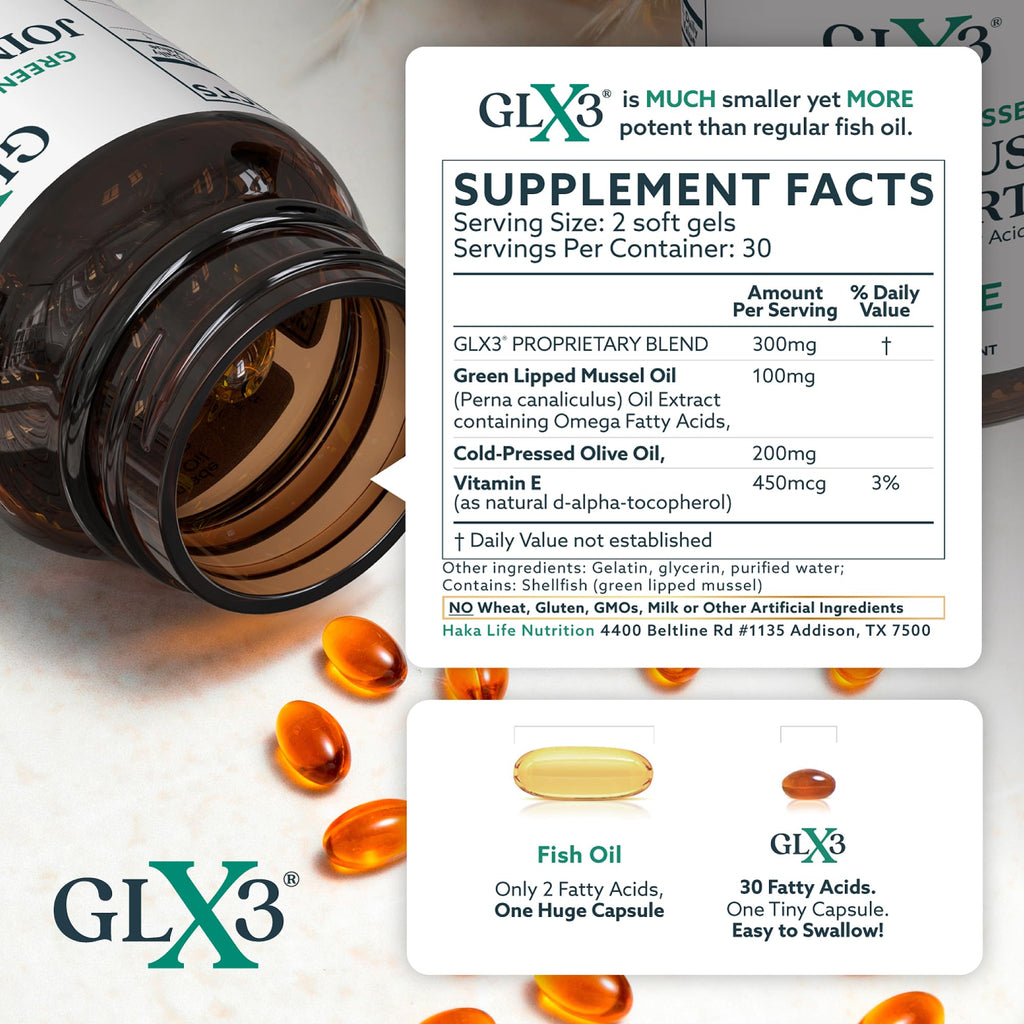 GLX3 Joint Support Extra Strength Omega-3 Supplement | Premium New Zealand Green Lipped Mussel Oil - Comfort, Flexibility, Muscle Recovery - ETA EPA DHA Omega 3 Supplement Capsules by Haka Life
