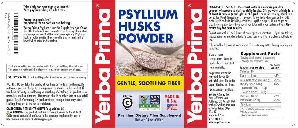Yerba Prima Psyllium Husks Powder - 24 oz (Pack of 2) - Unflavored - Fine Ground - Natural Fiber Supplement with Soluble & Insoluble Fiber