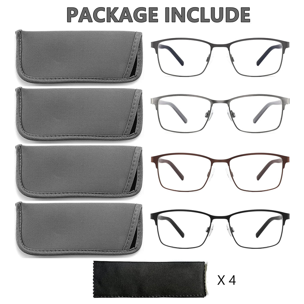 mrbobmslee 4 Pack Reading Glasses for Men, Blue Light Blocking Computer Readers, Anti UV Ray/Eye Strain/Glare, Metal Frame Eyeglasses with Pouches(200 Magnification Strength)