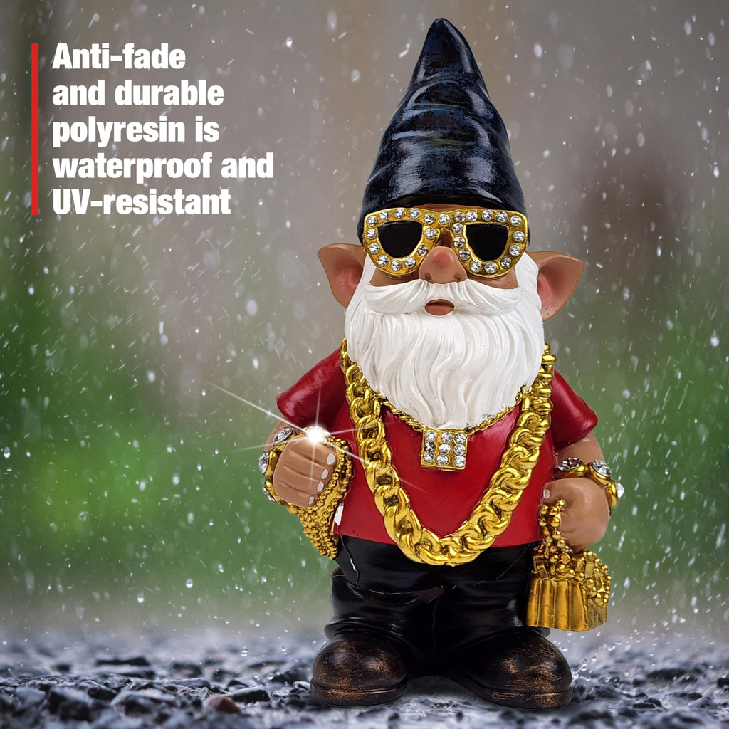 Better Office Products Garden Gnome Statue, 12" Height, Handcrafted Waterproof, UV-Resistant Polyresin Lawn Patio Porch Ornament Decoration (Bling Rapper with Solar Light)