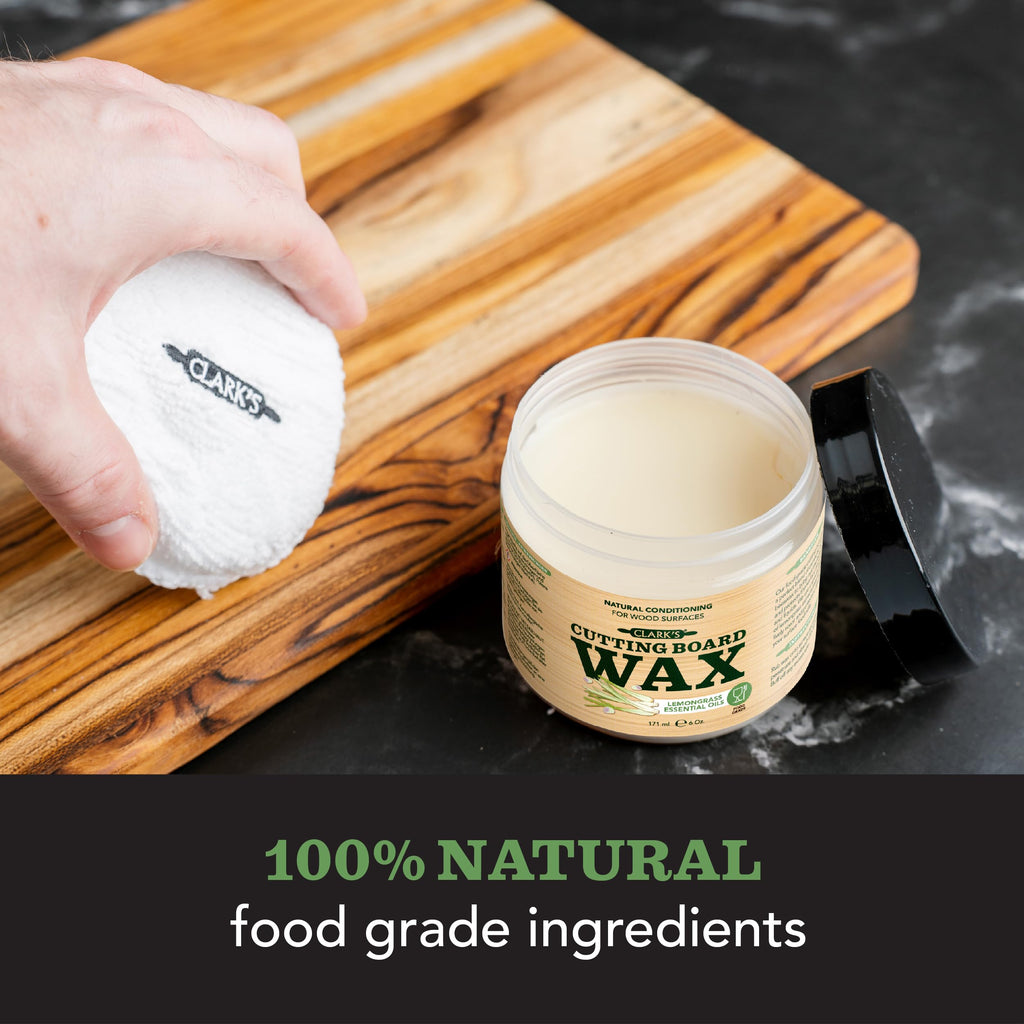 CLARK'S Food Grade Mineral Oil (12oz) and Carnauba Wax (6oz) Set - 100% Natural Butcher Block Oil and Cutting Board Wax - Food Safe Beeswax and Wood Cutting Board Oil with Lemongrass Extract