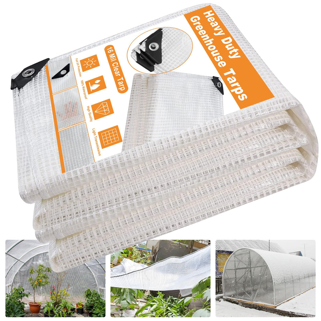 16 Mil Greenhouse Cover,Clear Plastic Tarps Heavy Duty Waterproof 12X16FT