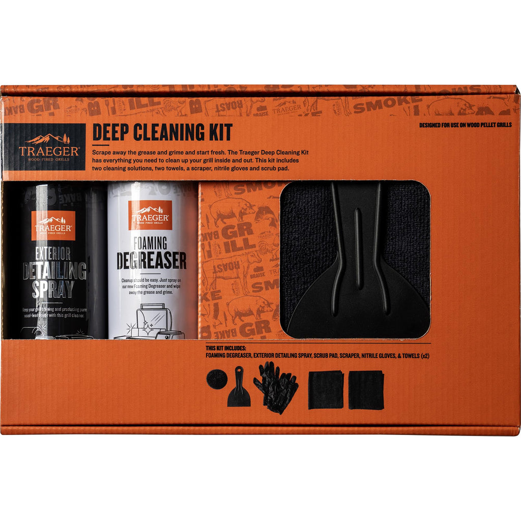 Traeger Grills Deep Cleaning Kit - Exterior Detailing Spray (16oz), Foaming Degreaser (16oz), Grill Scraper & Pad, Microfiber Towels, Nitrile Gloves - Tools for cleaning Grill, Smoker, Oven, Griddle