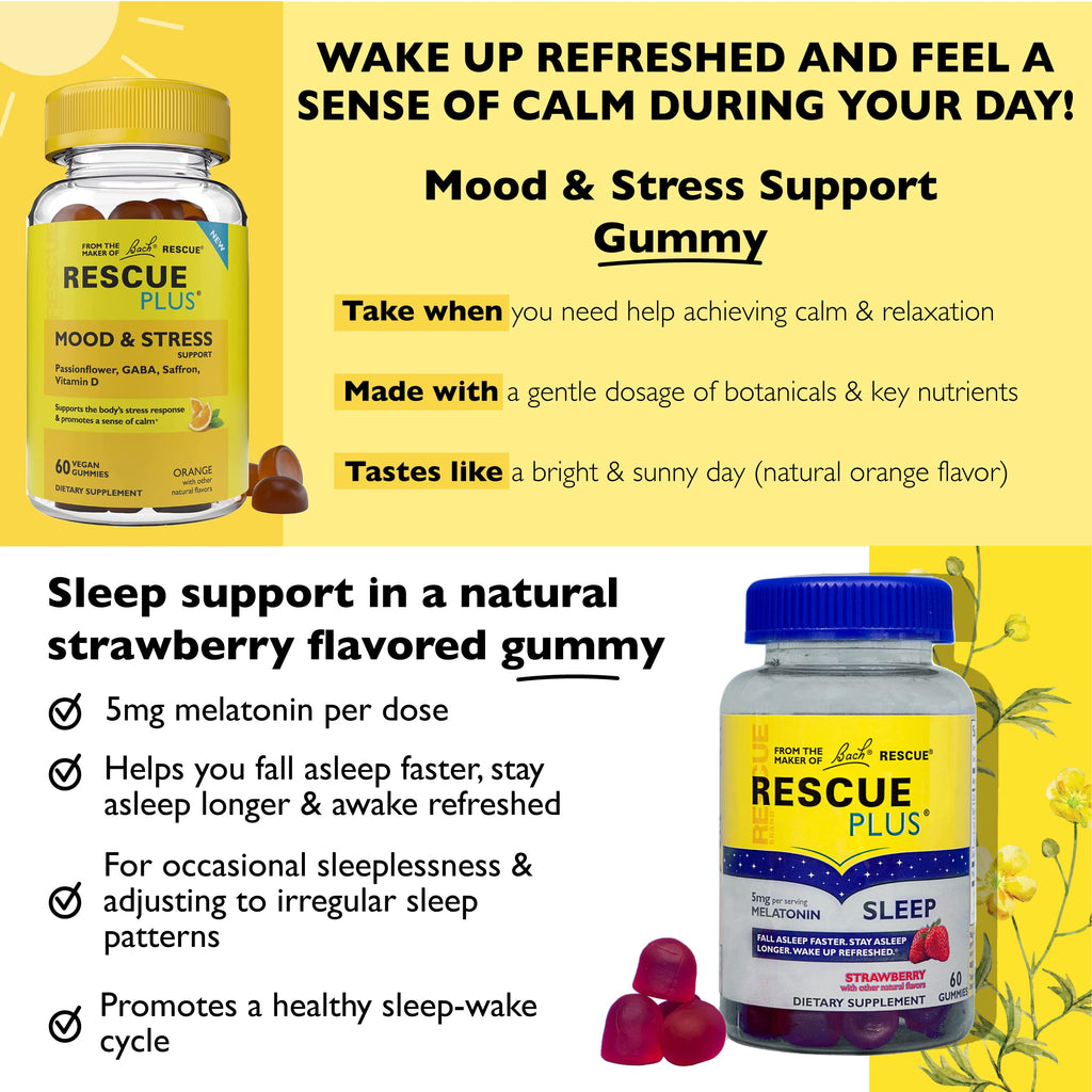 Bach RESCUE Plus Sleep Gummies with 5mg Melatonin/dose [and] Bach Plus Mood & Stress Support Gummies with Key Nutrients and Botanicals - 2PK Dietary Supplements, 60Ct Each