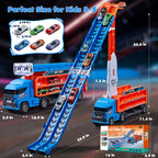 Race Track Truck Toys for 3 4 5 6 Years Old Kids - Carrier Truck Transport Car with 6 Die-Cast Cars Toys, 4-in-1 Truck with 2 Foldable Race Tracks, Christmas Birthday Gifts Toy for Toddler Boys, Blue