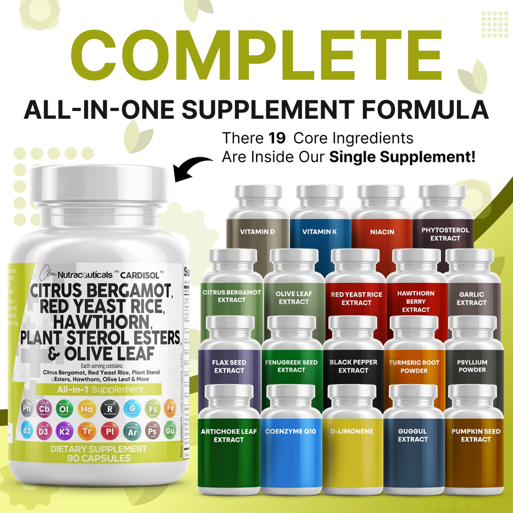 Clean Nutraceuticals Citrus Bergamot Red Yeast Rice Capsules with Plant Sterols - with Hawthorn Extract Olive Leaf Niacin Vitamin K3 D3 COQ10 Guggul & More