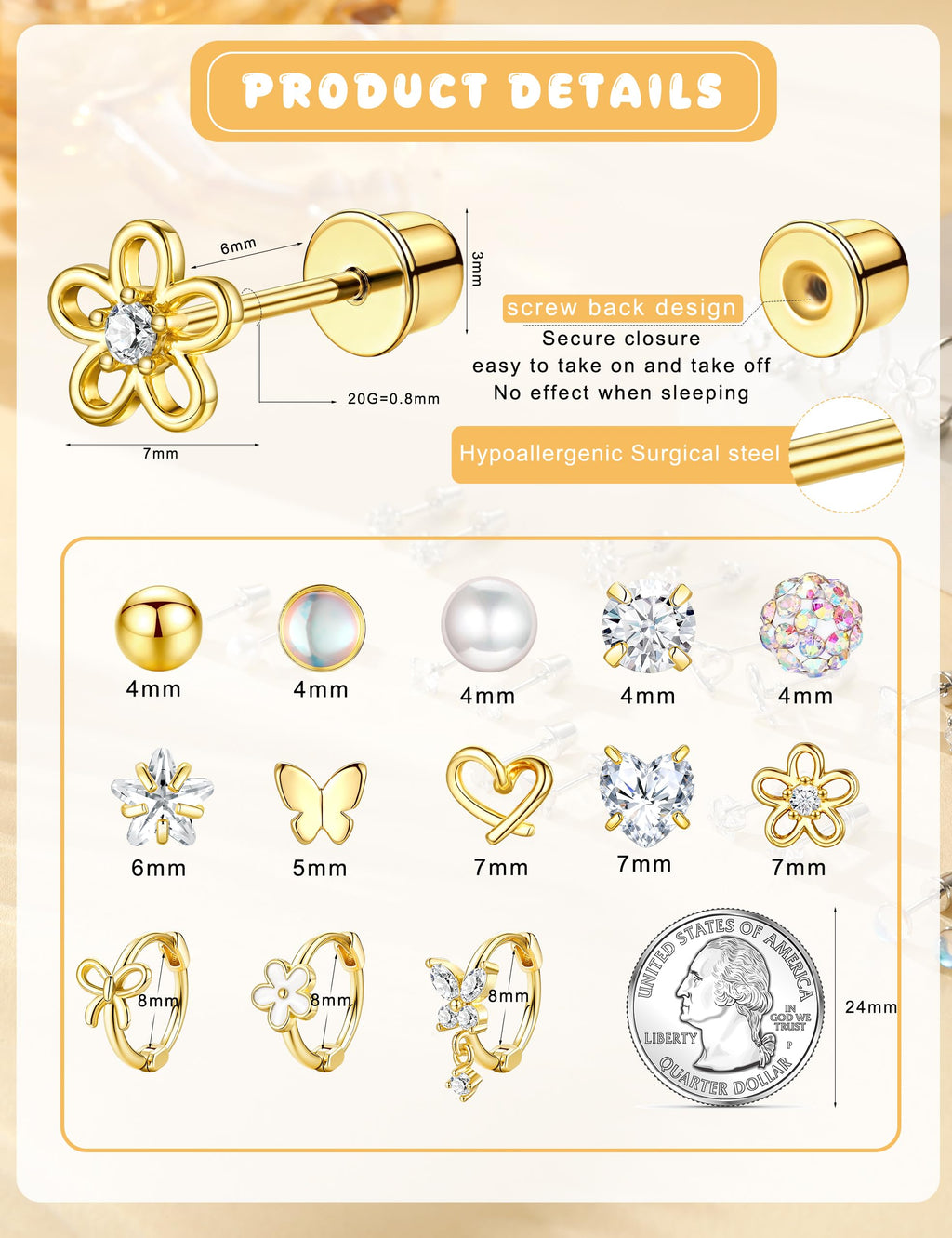 Hypoallergenic Surgical Stainless Steel Earrings for Girls Kids Jewelry - Screw Back Earrings for Sensitive Ears Cute Flower Heart Pearl bow Earrings for Women