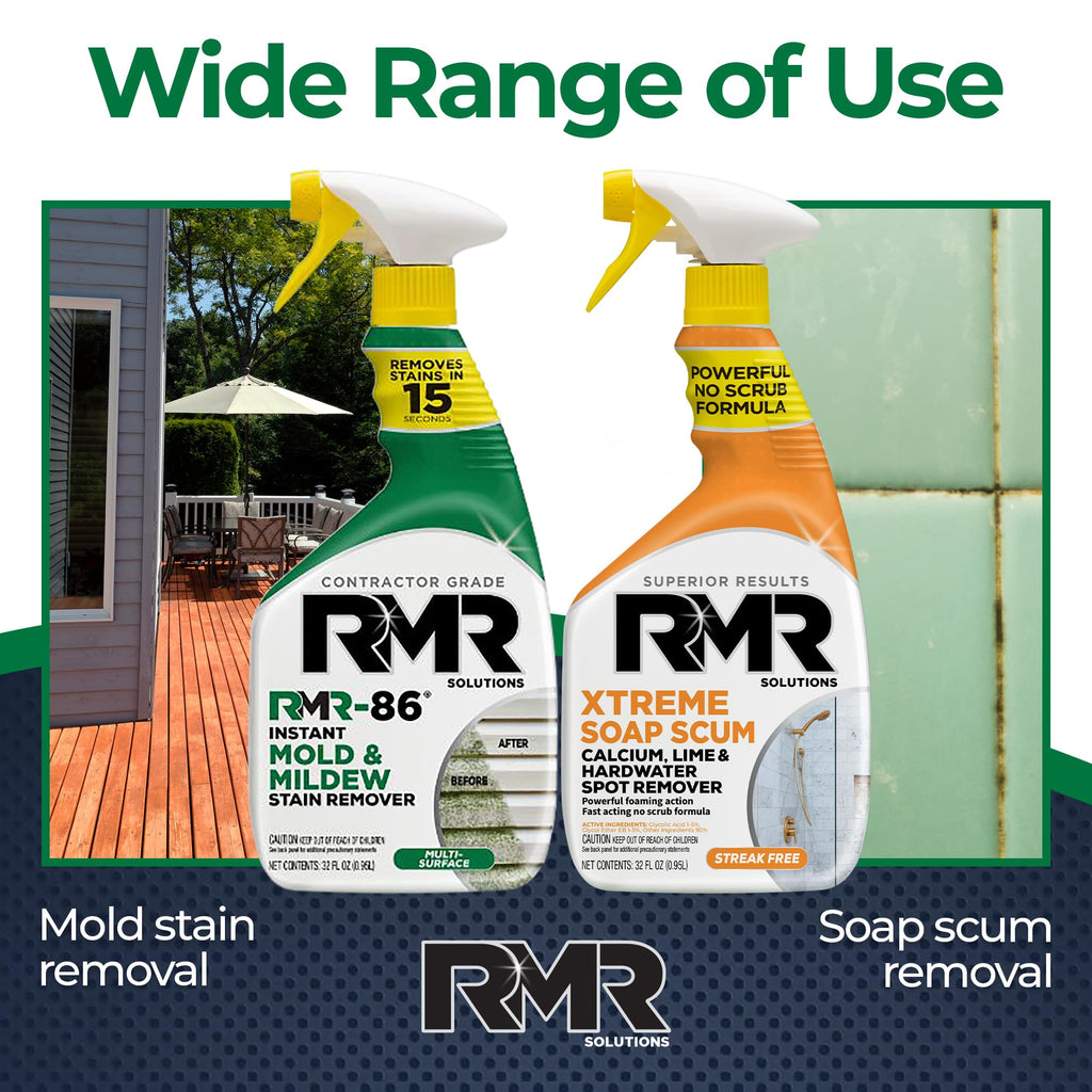 RMR Instant Mold & Mildew Stain Remover Spray + Xtreme Soap Scum Remover, No-Scrub Indoor/Outdoor Cleaning System for Bathroom, Shower, Siding, & Deck, 2–32 Oz Bottles
