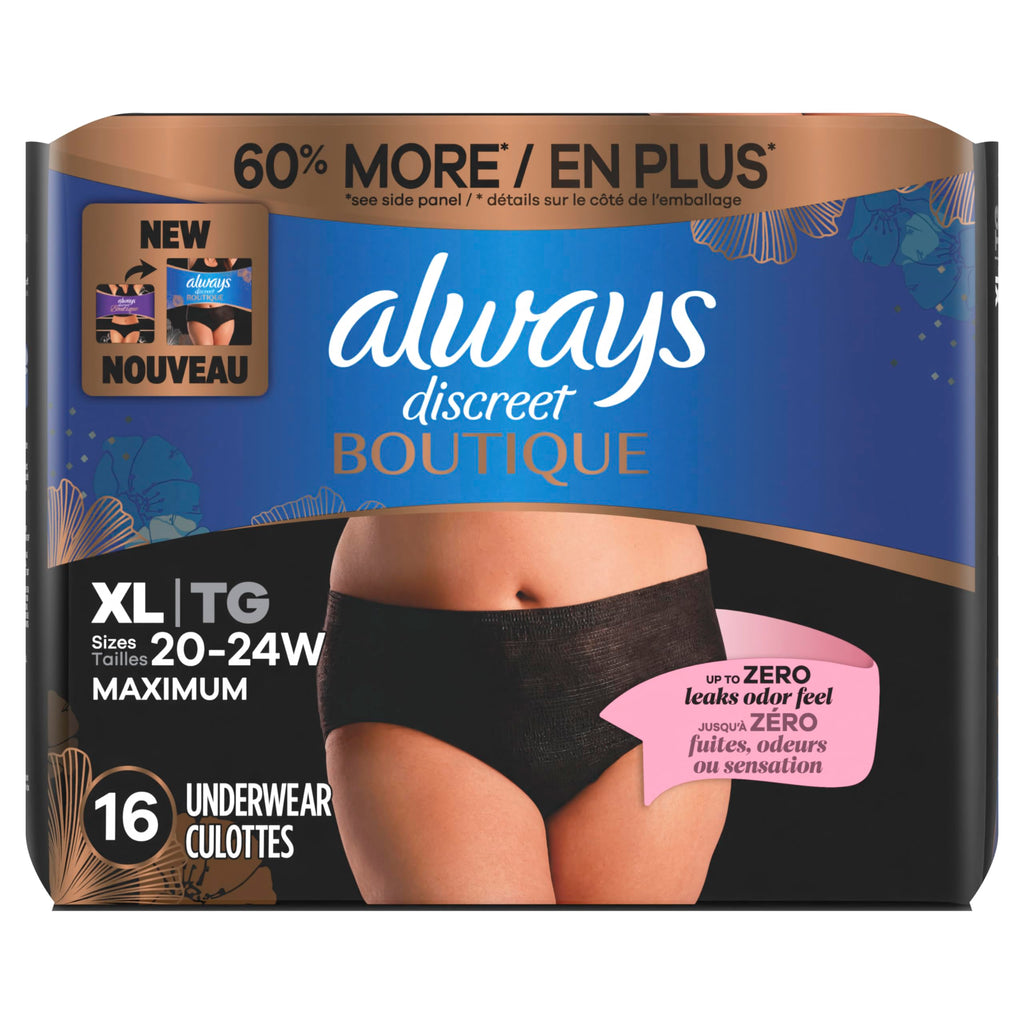 Always Discreet Boutique Incontinence and Postpartum Underwear for Women, Maximum Protection, Extra Large, Black, 16 Count