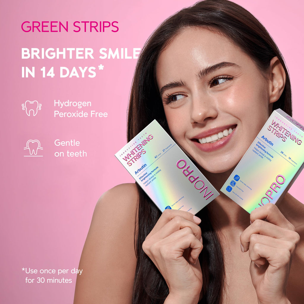 InoPro Teeth Whitening Strips 14 Treatments Kit - Enamel Safe Teeth Whitener, Peroxide-Free, Green White Strips for Teeth Whitening with Arbutin, Coconut Oil, Deep Stains Removal (28 Strips)