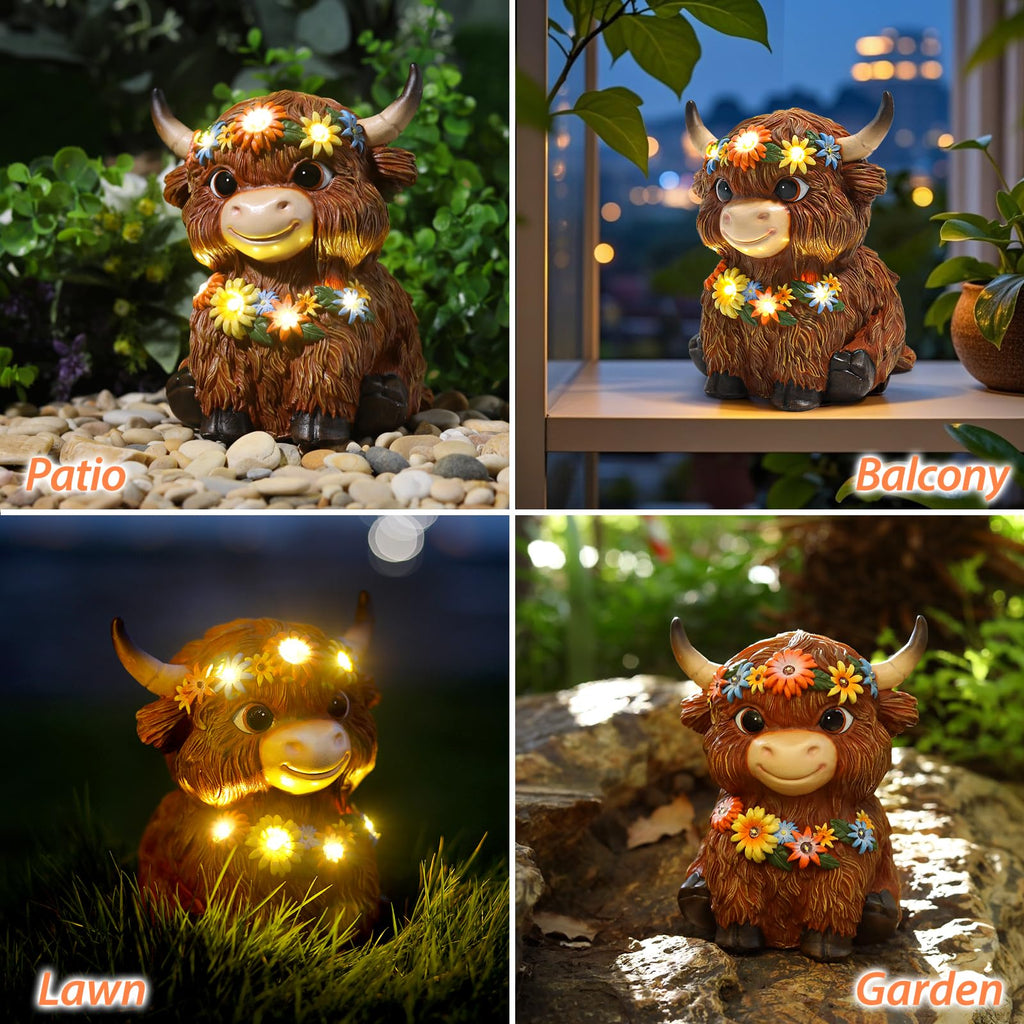 MAXTHOT Solar Garden Decor Outdoor Statues Highland Cow with Daisy and LED Lights Birthday Gifts for Women Mom Grandma Outside Decorations for Lawn, Porch, Yard, Patio, Balcony
