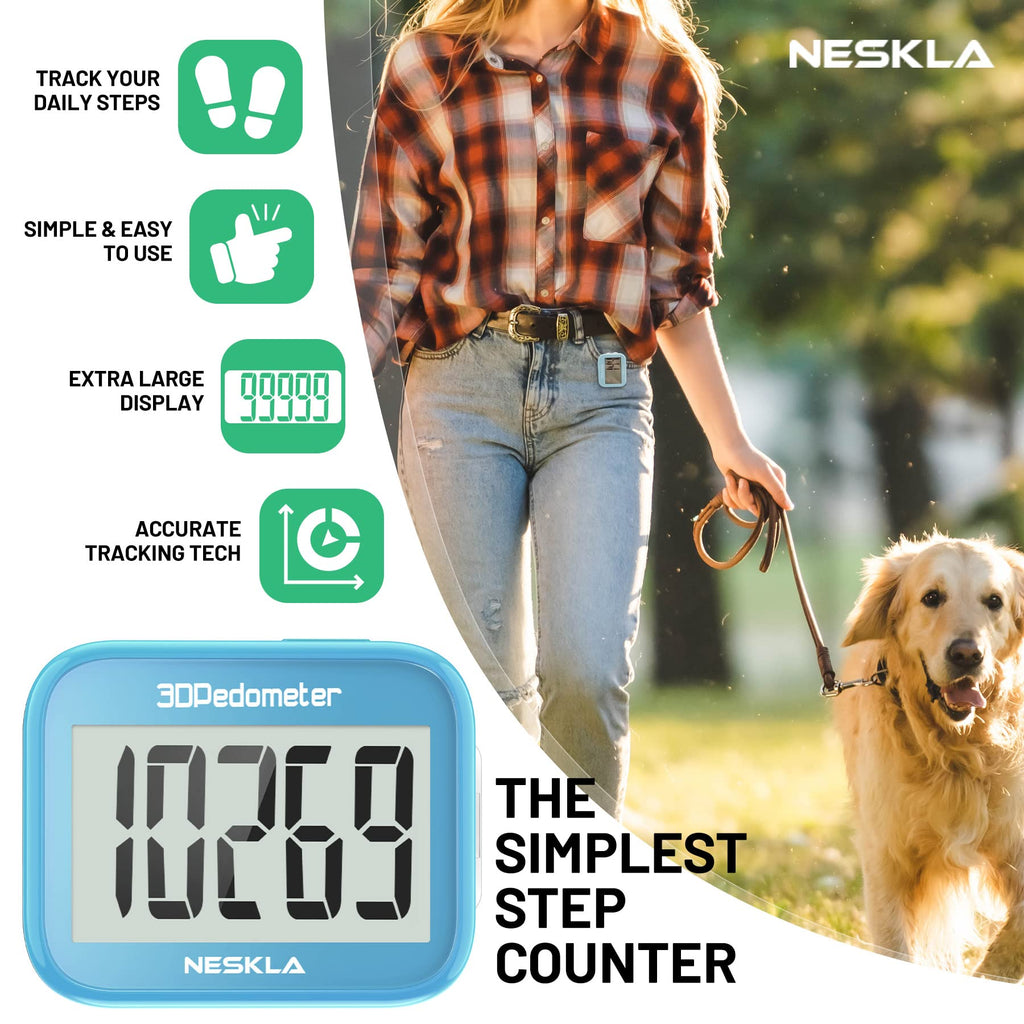 NESKLA 3D Pedometer for Walking, Simple Step Counter with Large Digital Display, Step Tracker with Removable Clip Lanyard, Accurately Track Steps for Men Women Kids Adults Seniors