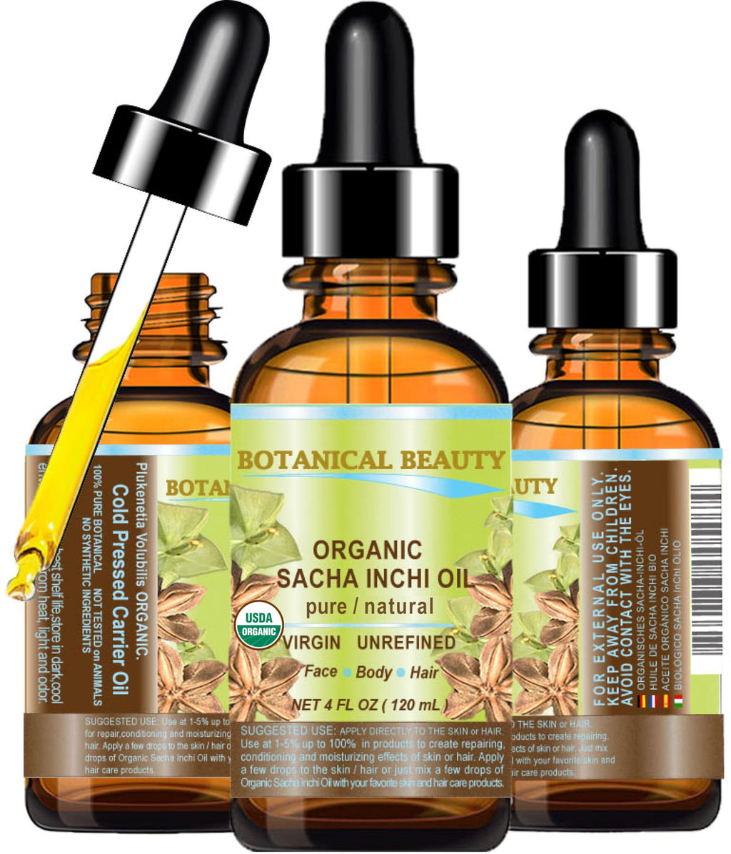 Botanical Beauty Organic SACHA INCHI OIL 100% Natural Pure Undiluted Virgin Unrefined Cold Pressed Carrier Certified Organic Oil For Face, Skin, Hair, Lip, Nails, Rich in Vitamin E (4 Fl Oz 120 ml)
