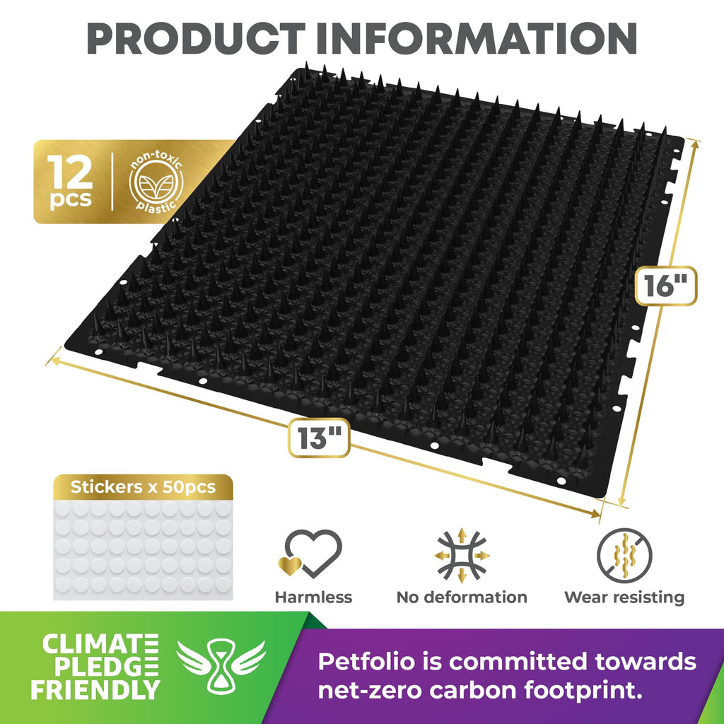 Petfolio 12 Pack Black Cat Spike Mat - 16" x 13" Scat Mat for Cats with 1" Spike is A Perfect Cat Scat Mat for Indoor & Outdoor Cat Repellent to Deter Feral Cats & Dogs