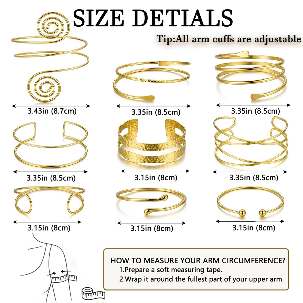 17KM 9PCS Gold Arm Cuff Bracelets for Women, Boho Statement Gold Upper Arm Bangle Band Armlet, Open Adjustable Cuff Bracelet set Stackable Jewelry